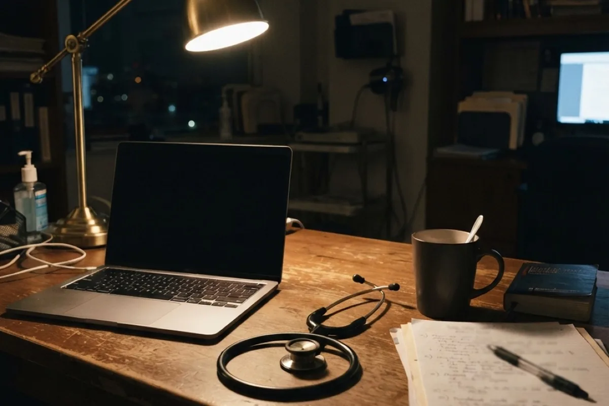 Mesa de consultório no fim do expediente, com luminária acesa