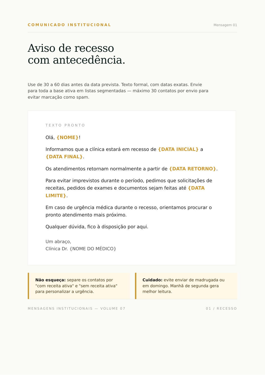Página do Volume 07 com um comunicado institucional pronto