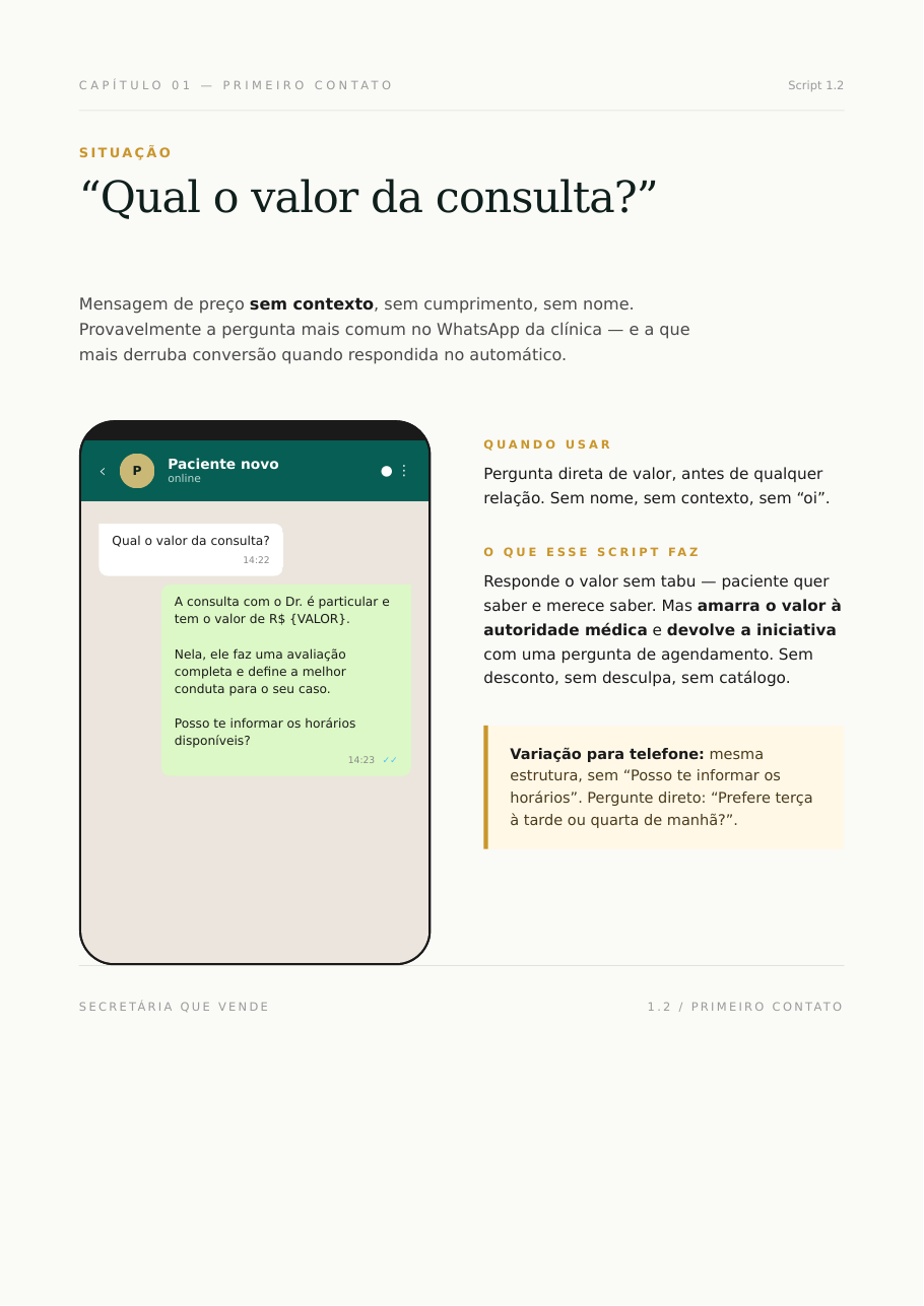 Página real do material com o script, a coluna quando usar e o mockup de WhatsApp