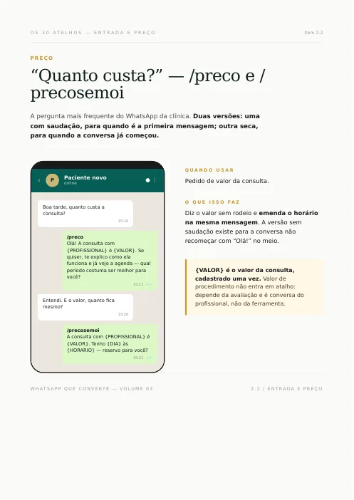 Página do Volume 03, item 2.2: o atalho /preco e a versão /precosemoi mostrados num mockup de WhatsApp